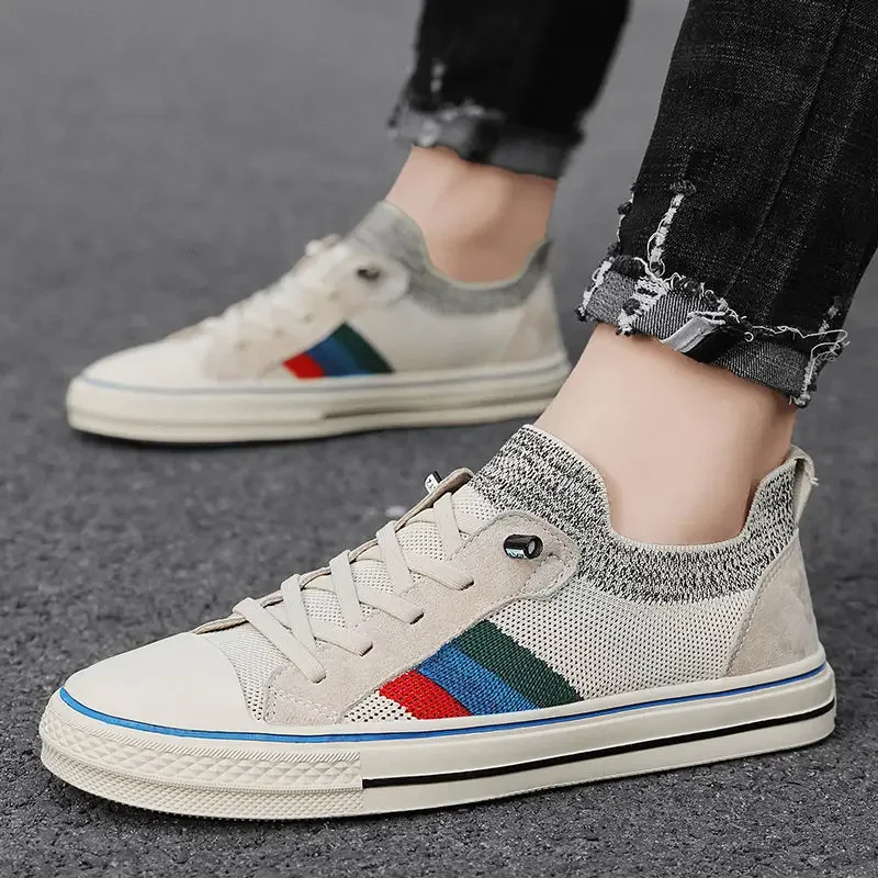 Shoes for Men Casual Shoes Spring Summer Striped Flat Skateboard Shoes Breathable Knit Slip-on Sneakers