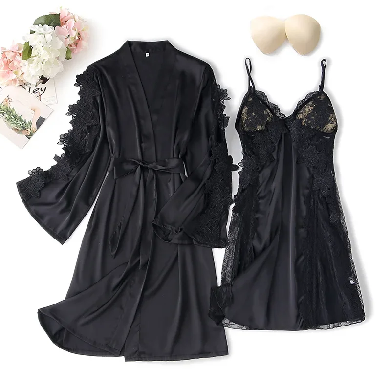 2PCS Lace Flower Robe Gown Set Sexy Women Satin Nighty Bathrobe Strap Nightgown Sleep Suit Summer Bride Wedding Kimono Sleepwear