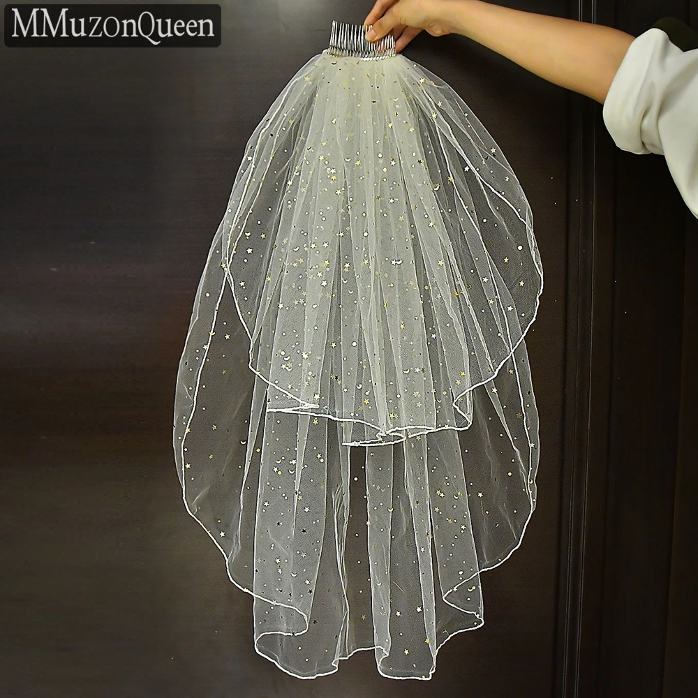 MMQ M14 Stars Moon Organza Veil White/Ivory Wedding Accessories 2 Tiers Cheap Bridal Veil With Comb bachelorette party women