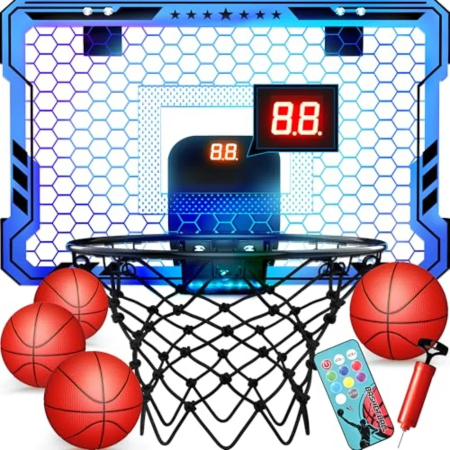 

Indoor Basketball Hoop, Mini Hoop with 7 LED Lights, 3 Modes Scoreboard, Mini Hoop with 4 Balls Over The Door, Basketball Hoop
