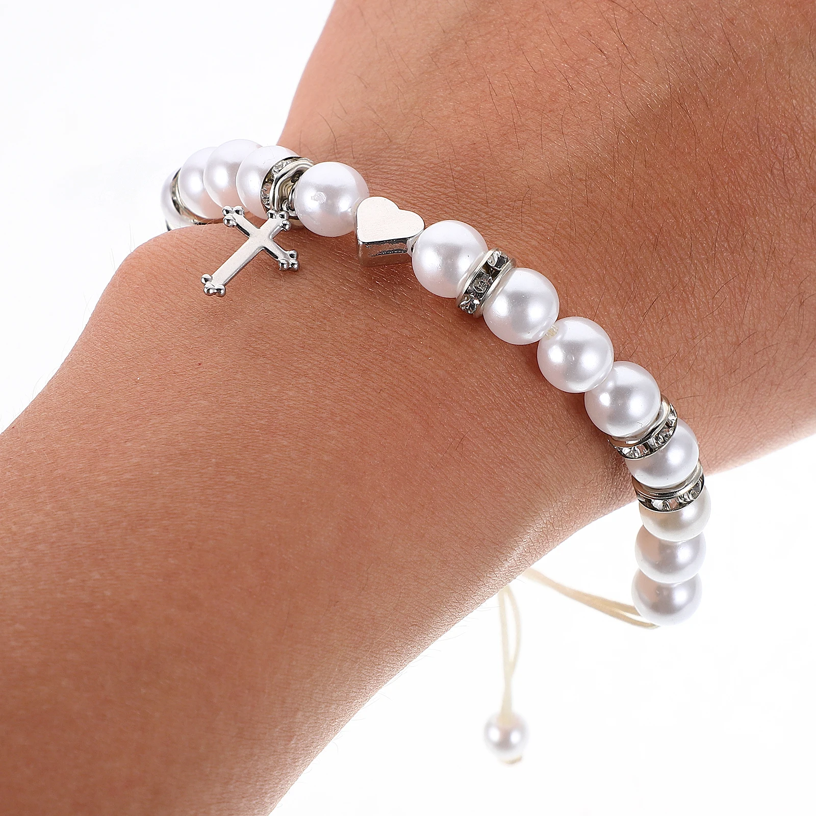 

Heart Charm Bracelet for Women Pearl Beads Adjustable Rope Handmade Jewelry Elegant Friendship Gift Holiday Romantic