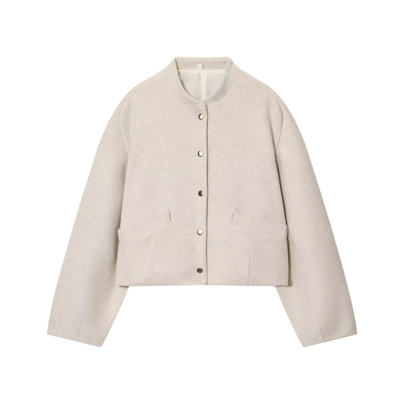 

Woman's Cropped Bomber Elastic Hem Stand Collar Single-breasted Long-sleeved Solid Color Jacket Early Autumn New Female Top