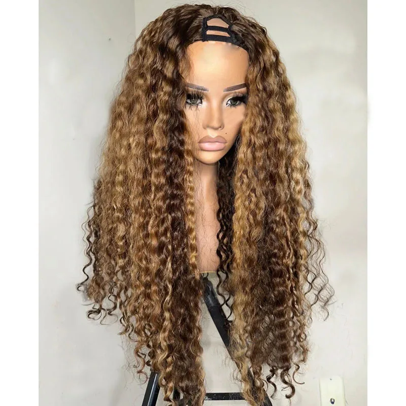 30 Zoll Highlights Honigblond Lose Locken 1X4 V-Teil-Perücken Indisches Echthaar 100% Echthaar-Perücken für Frauen Wasserwellen U-Teil-Perücken – Detail 1
