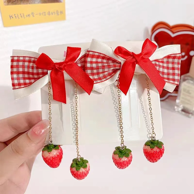 Cute Maiden Cherry Fabric Bow Hairpins Lace Strawberry Side Hairpins Pair Clips Children\'s Headflower Top Clips Lolita Headdress