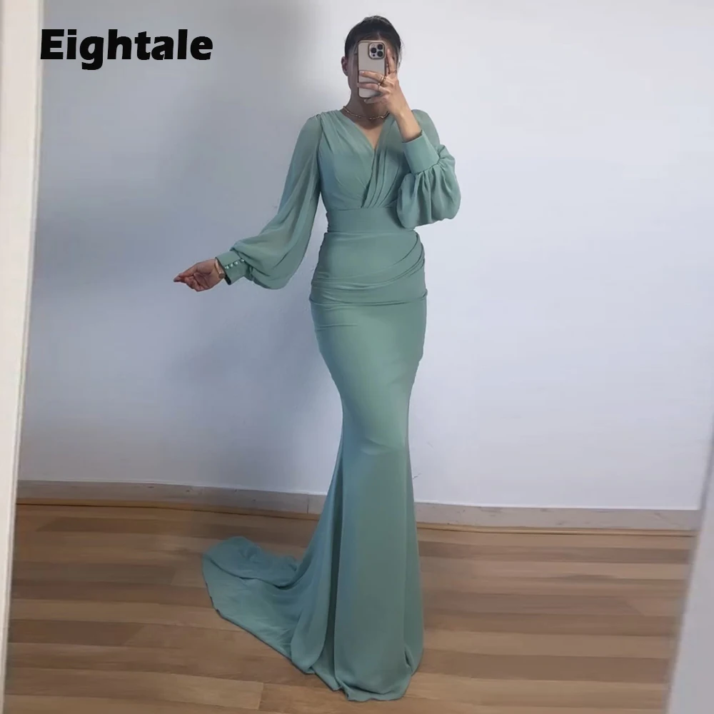 Eightale Arabic Evening Dress for Wedding Party Chiffon V-Neck Customized Long Sleeve Mermaid Pleats Prom Gowns Celebrity Dress