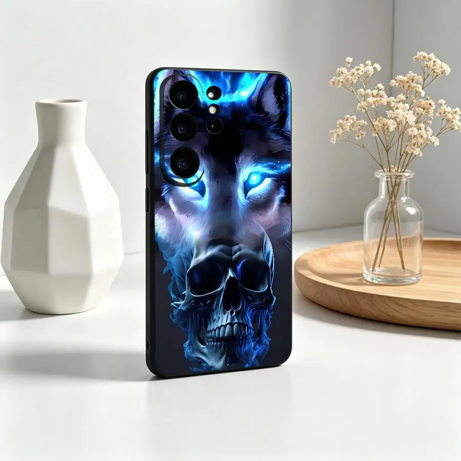 Case for Samsung Galaxy S26 Ultra S24+ S26+ S20 S23 S24 S21 FE Note 20 8 9 10 S25+ Phone Cover S10 S9 Blue Flame Wolf Skull