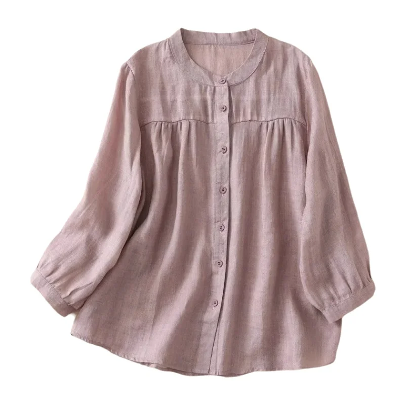 Summer Fashionable Loose Cotton Linen Seven-Quarter Sleeve Women's Shirt Slimming Casual Lightweight Sun Protection Top