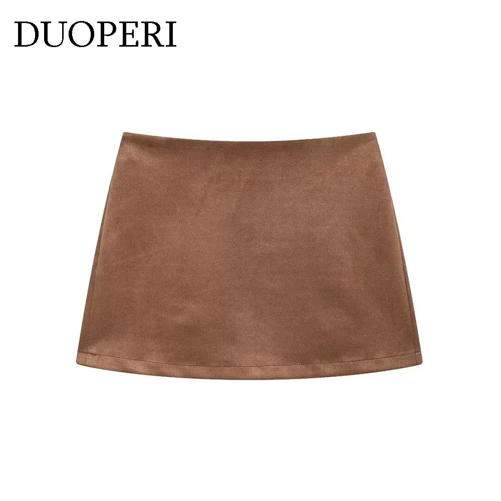 DUOPERI Women Brown A-Line Mini Skirt Casual High Waist Female Chic Lady Skirts