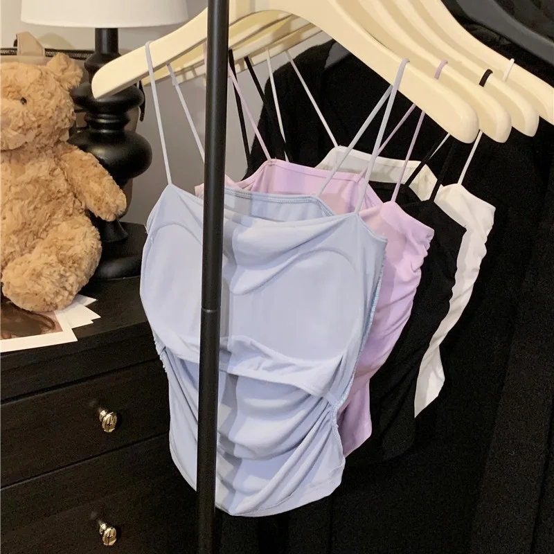 퓨어 디자이어 섹시 얇은 패드 여성용 탱크탑 여름 얇은 플리츠 슬리밍 슬림핏 아우터웨어 출퇴근용 슬리브트 길이