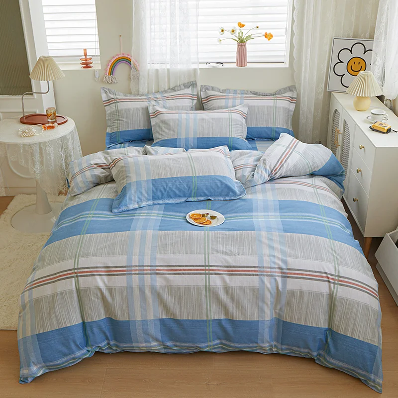 

3PCS Blue Grey Gingham Cotton Duvet Cover Queen Set Simple Striped Plaid Comforter Covers with Zipper Closure Modern Bedding Set