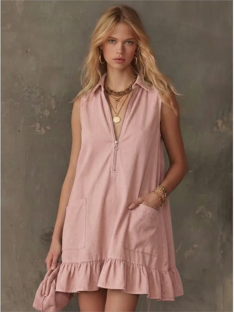 

Summer Casual Loose Pocket Ruffles Mini Dress Women Fashion Solid Zipper Sleeveless V-neck Short Dress Lady Holiday Party Dress