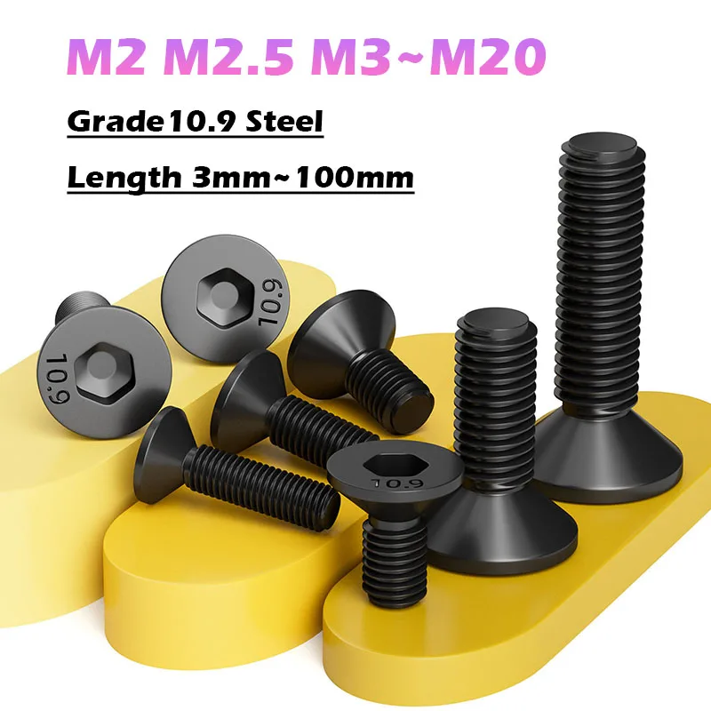 M2 M2.5 M3 M4 M5 M6 M8 M10 M12 M16 M20 Black Grade10.9 Steel Countersunk Hex Socket Screw Flat Head Hexagon Socket Screw Bolt