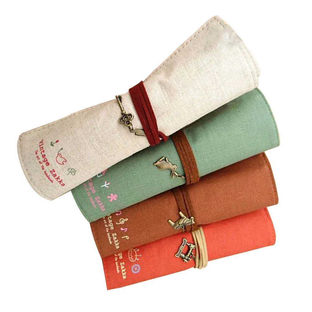 

4Pcs Vintage Canvas Rolling Pencil Bag Multiuse Case Roll Up Brush Pen Pouch Sturdy Washable Stationery Organizer