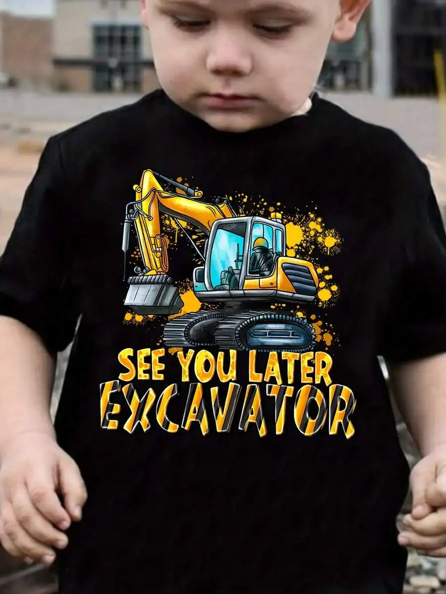 Unique Print Casual T-Shirt [Cartoon Excavator T-Shirt] Cool, Lightweight Cartoon Excavator Print T-Shirt Casual Short Sleeve T-
