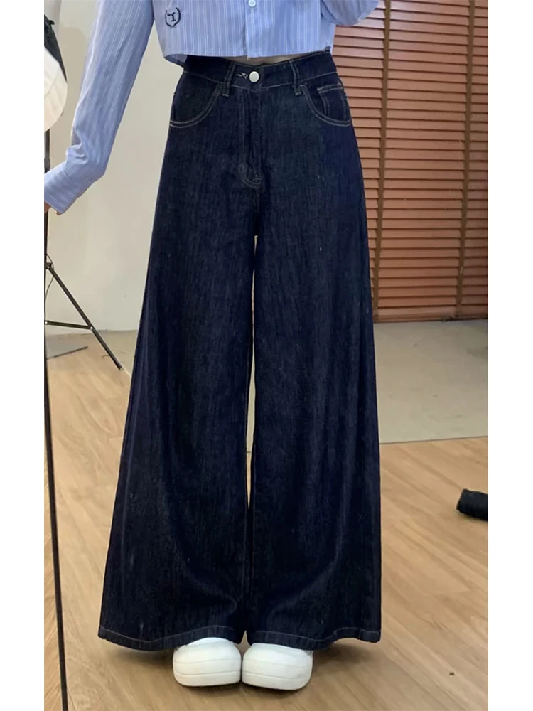 

Темно-синие широкие джинсы с высокой талией, женские весенне-осенние 2024, новые свободные прямые брюки маленького размера