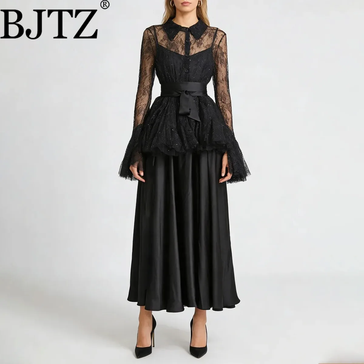 BJTZ Dames 2026 Nieuwe Elegante Temperament Kant Satijn Set Elegante Pure Ruche Blouse + Rok Lente Herfst Luxe Coord
