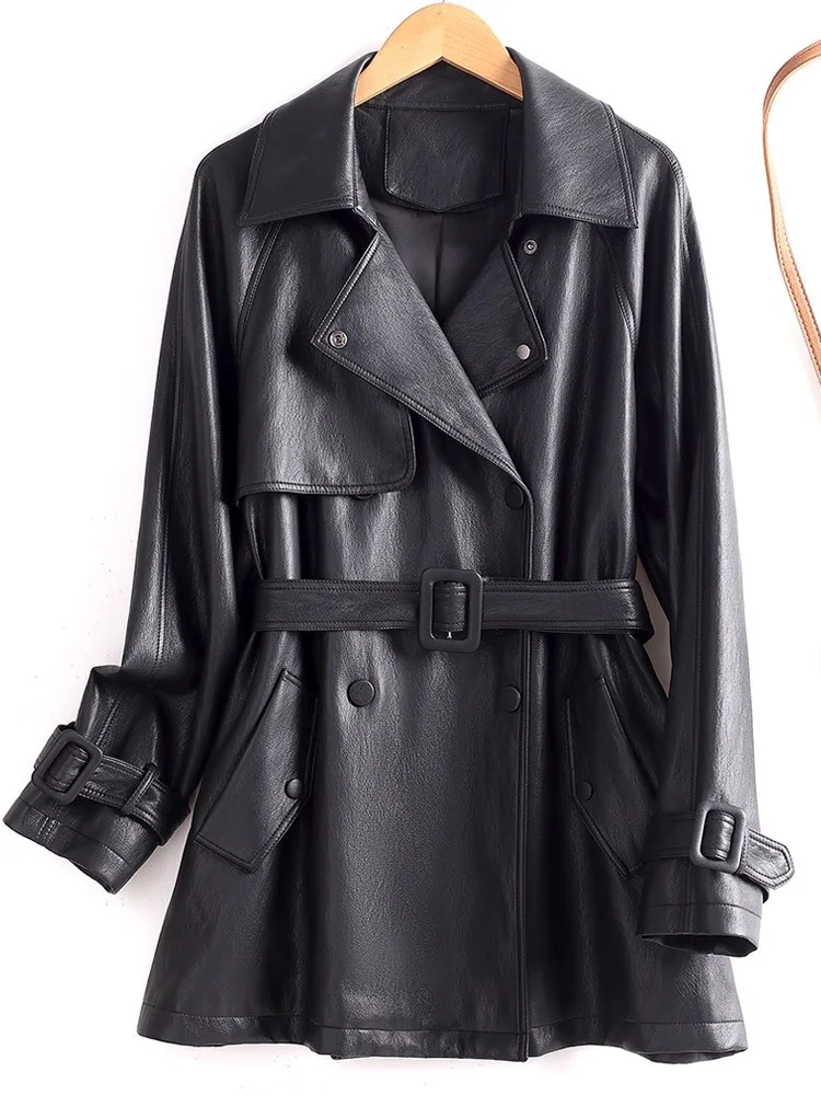 Trench corto da donna in pelle crosta nuova, colletto alla moda autunnale, doppio petto, vita sottile con cintura, cappotto in pelle casual