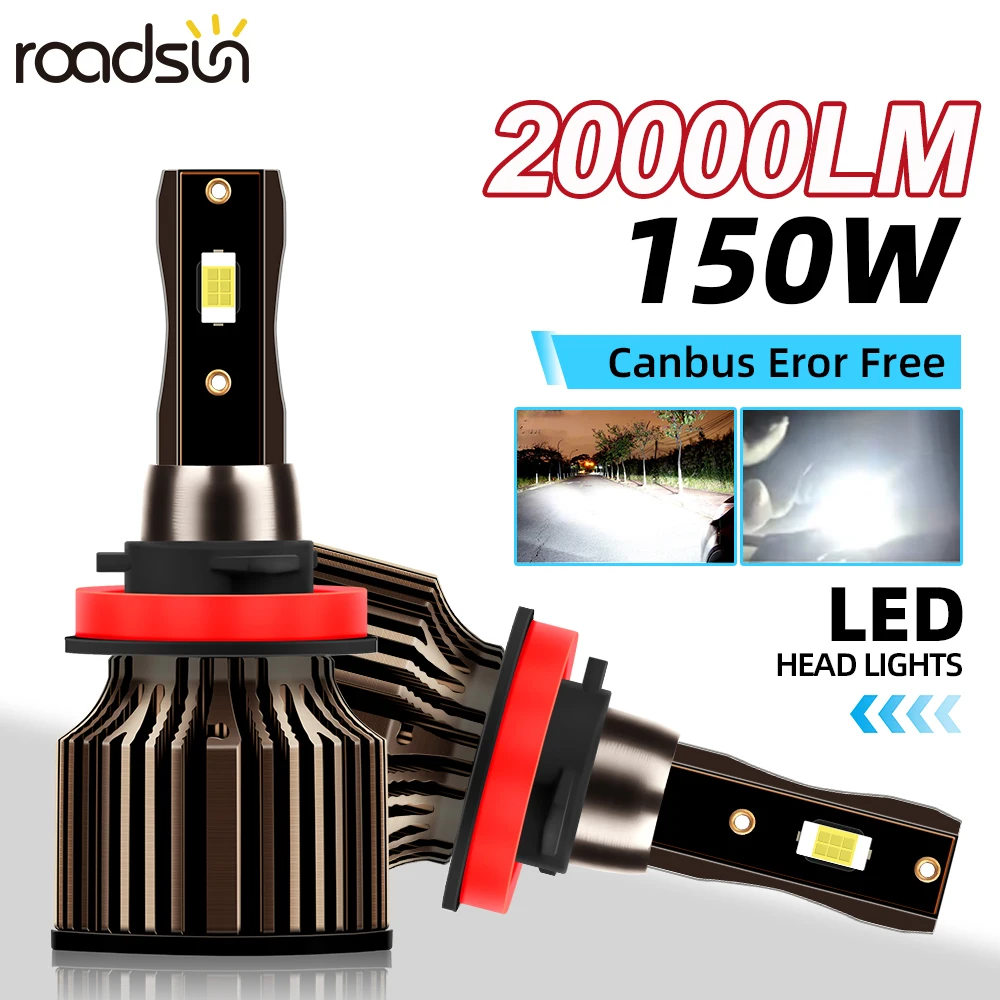 

roadsun 2 шт. светодиодные фары H8 H9 H11 автомобильные светодиодные фары 20000LM 150 Вт 6500K 3570 CSP чип авто противотуманные фары