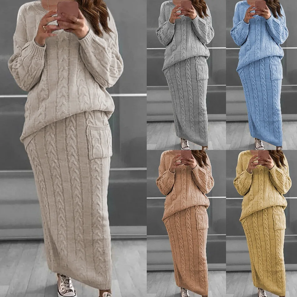 

Autumn Winter Two Piece Set Women Winter Long Sleeve Jumpers Sweater Skirt Set Warm Knitted Outfit Top and Pants Sets