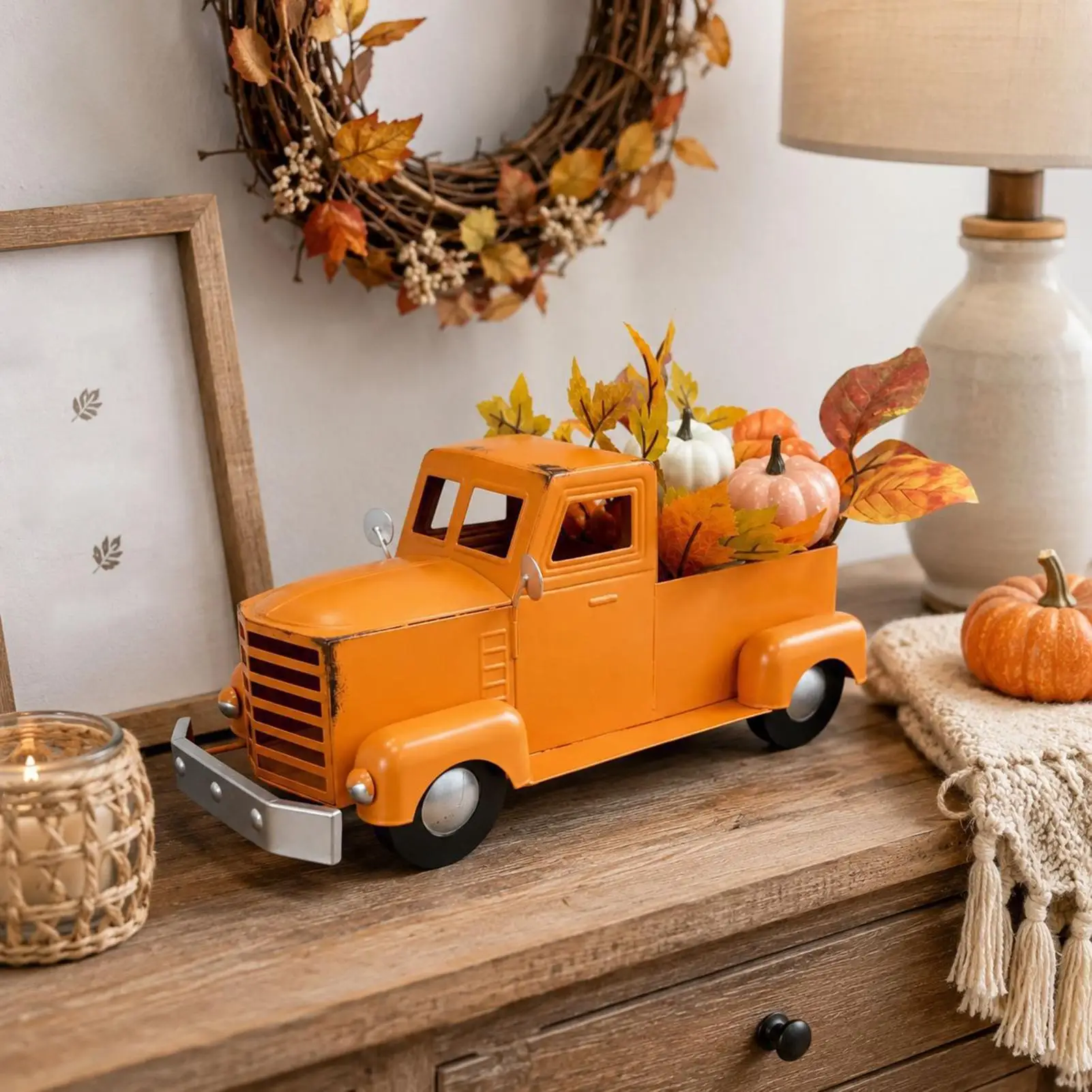 Thanksgiving Fall Decorations Vintage Metal Truck Pumpkin Pickup Autumn Tabletop Centerpiece for Dining Table Fall Tiered Tray