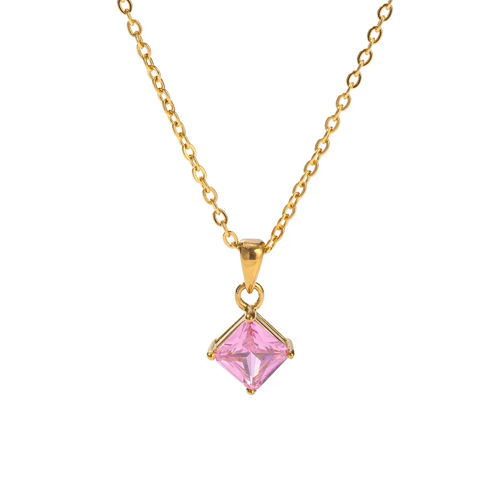 316L Stainless Steel Pink Diamond-shaped Zircon Gentle Elegant Style Pendant Necklace Exquisite Jewelry Accessories