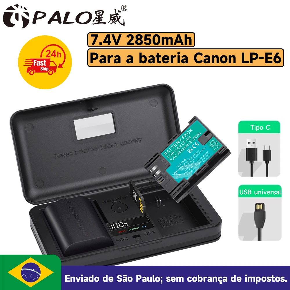 Bateria LP-E6 LP-E6N + Estojo Carregador Duplo LED para Canon EOS 5DS R 5D Mark II III IV 5D 6D 7D 70D 80D R5 R6 XC10 XC15