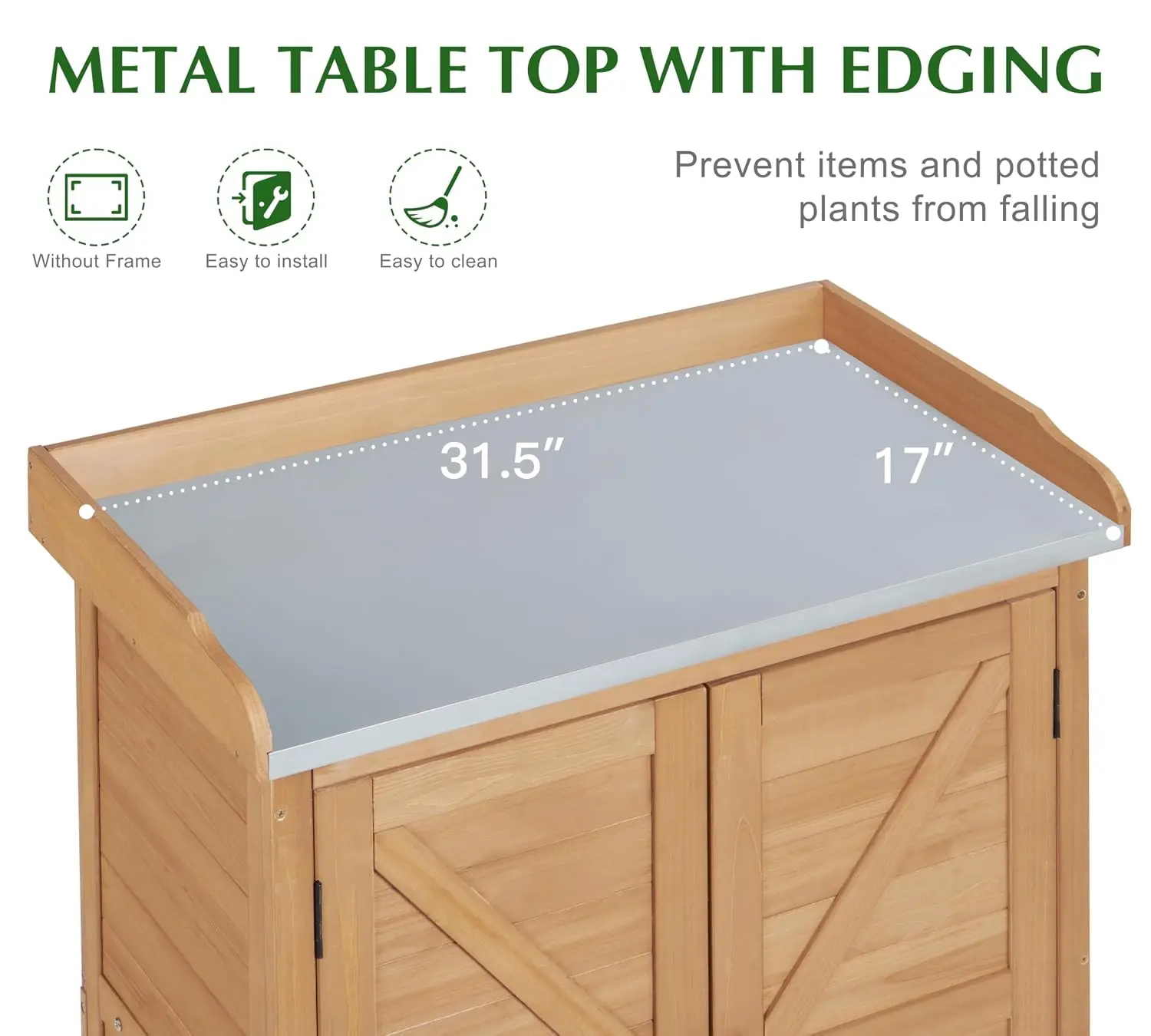 Outdoor Storage Cabinet & Potting Bench with Metal Top, Wooden Patio Garden Workstation, 39x31.5x17in, Customized