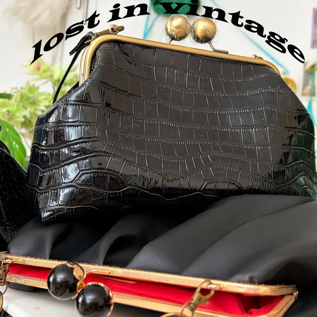 LOST IN VINTAGE Blck Leather Bag 37x20x12cm Soft Smooth Owl Bag Big Kiss Lock Balls Bronze Kiss-lock Anqitue Large Frame Clutch
