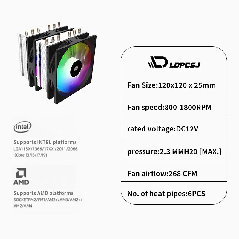 LDPCSJ  Journey DST-60 Dual Tower Cooler CPU Fan ARGB Six Copper Pipes Desktop Computer Hosting Chassis PWM Air Cooling Co