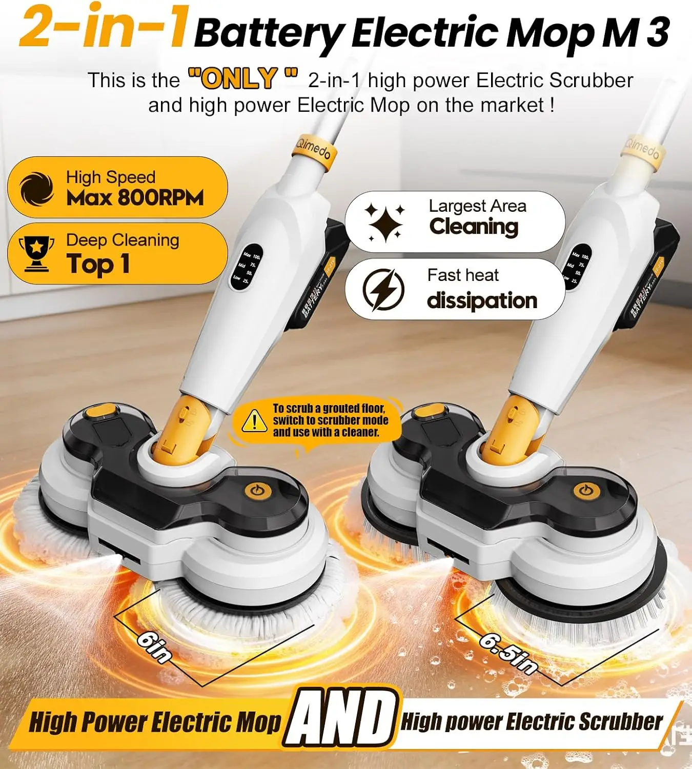 Battery Electric Mop M3, 800RPM Cordless Electric Power Scrubber & Mops for Floor Cleaning, Best Automatic Spin Mops with Smart