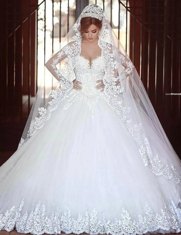 Luxury Vintage Full Sleeves Lace Wedding Dress 2020 Ball Gown Princess Bridal Wedding Gowns Vestido De Noiva