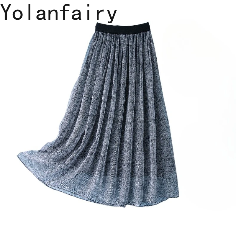 YOLANFAIRY 100% Real Mulberry Silk Skirts for Women 2026 Summer High Elastic Waist Skirt Woman Clothing Elegant Skirt Streetwear
