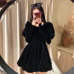 Neploe Temperament Woman Dress Vintage Robe Square Collar Puff Sleeve Slim Velvet Vestidos Mujer Korean Elegant Black Dresses