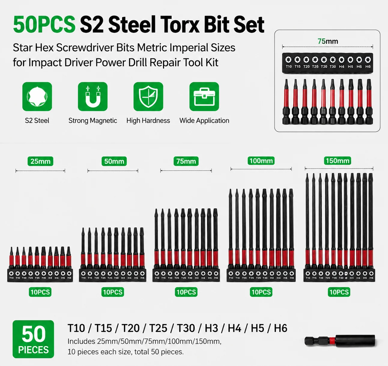 50PCS S2 Steel Torx Bit Set Star Hex Screwdriver Bits Metric Imperial Sizes for Impact Driver Power Drill Repair Tool Kit