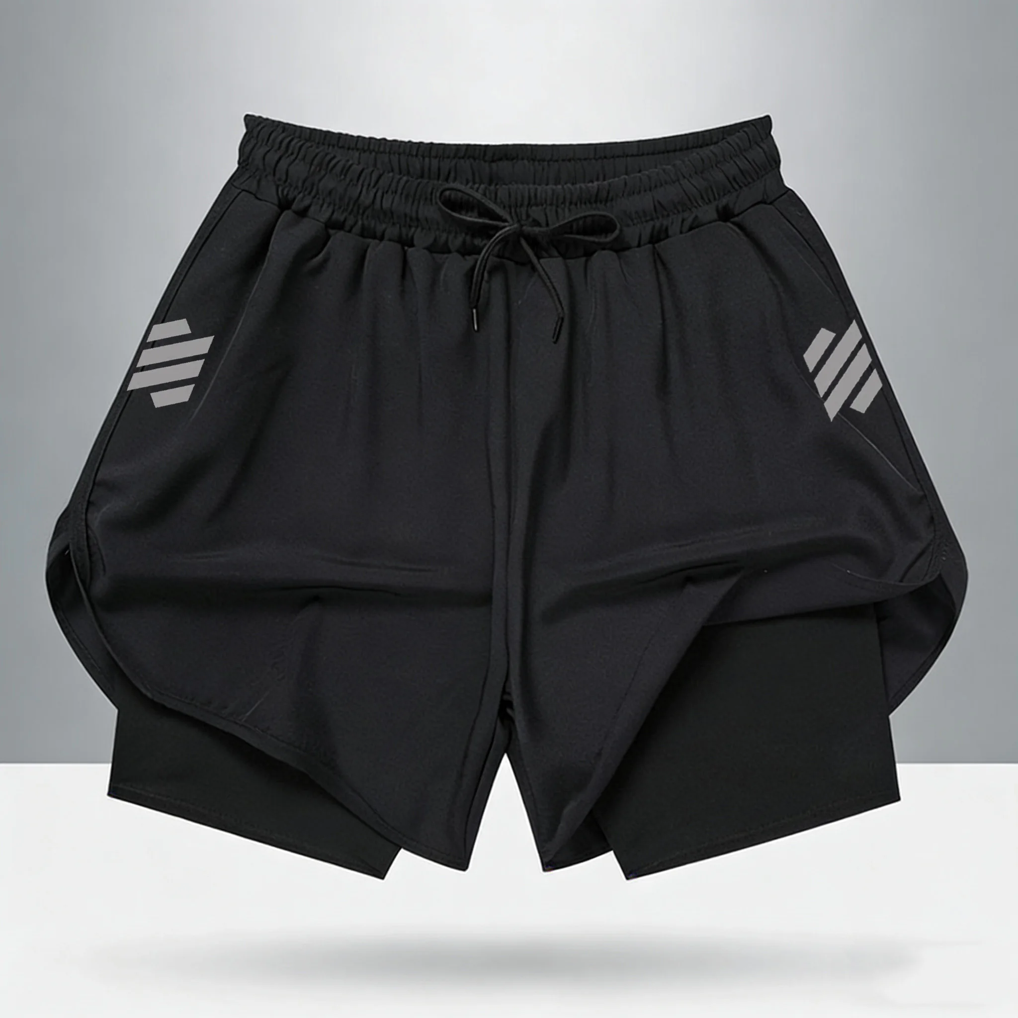 

Gray Striped Reflective 2 in 1 Performance Athletic Shorts Quick Dry Lightweight Workout Running Shorts with Compression Liner