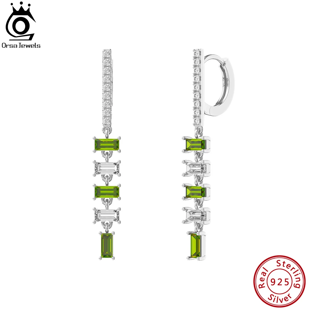 

ORSA JEWELS Luxury 925 Sterling Silver Square Green&Clear CZ Drop Earrings for Women 35mm Dangle Earrings Wedding Jewelry SE378