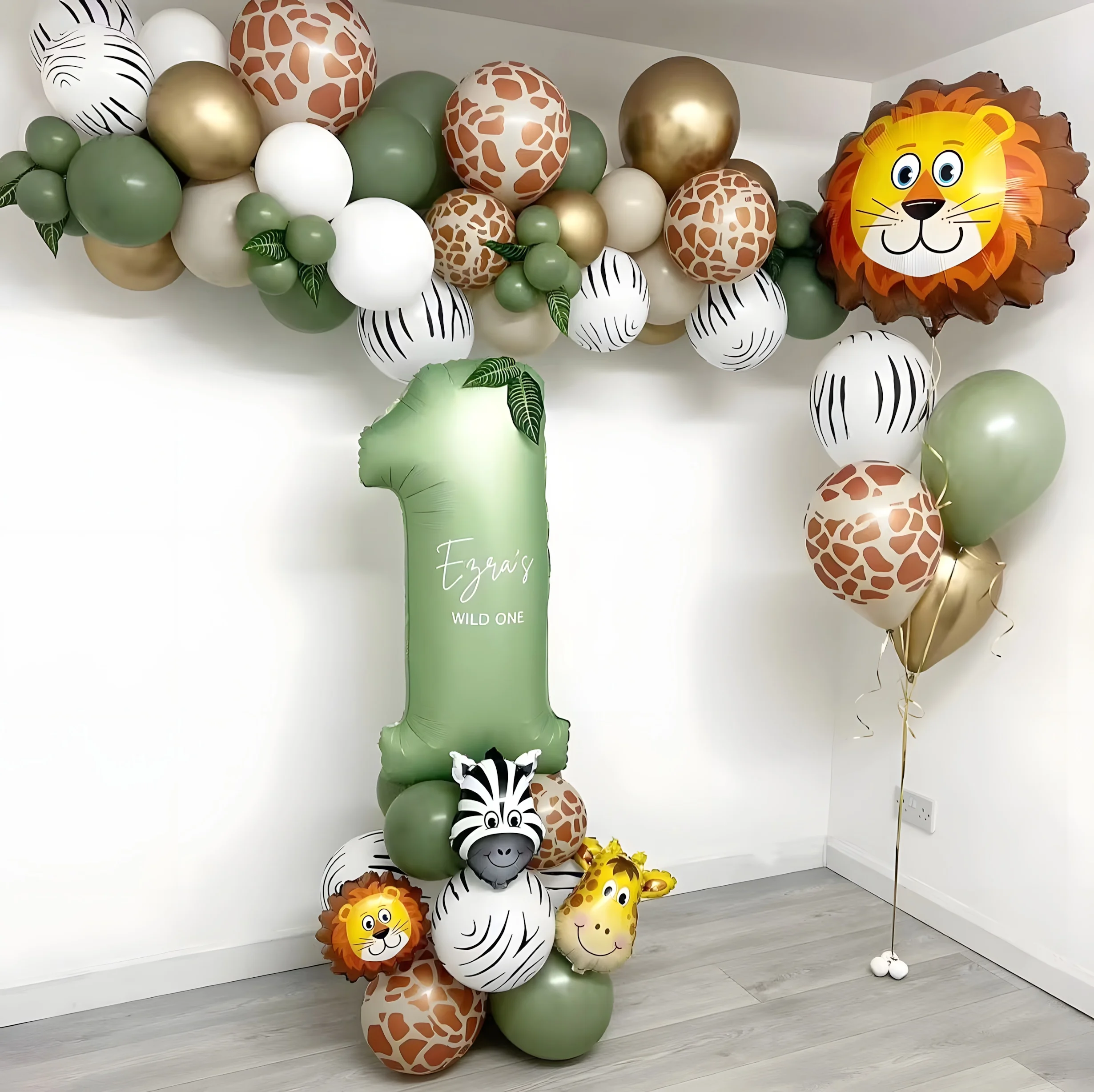 Ballons d'anniversaire animaux de la jungle avec chiffres vert sauge – Cadeaux de réception-cadeau pour bébé, décor de fête Safari sauvage
