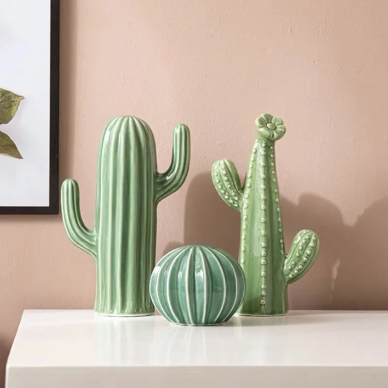 Artesanías de cerámica nórdica, adornos de Cactus de simulación, arte decorativo, muebles para el hogar, accesorios de fotografía, decoración de habitación verde