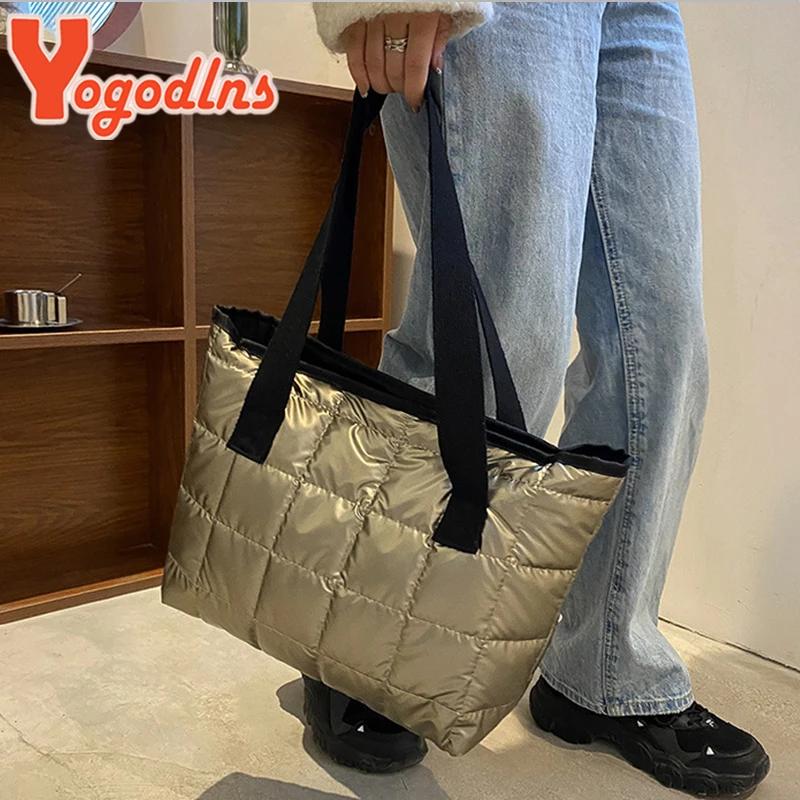 Yogodlns Winter Lozenge Tote Bag Space Cotton Handbag Large Capacity Shoulder Bag Warm Down Handbag Casual Portable Handle Bag