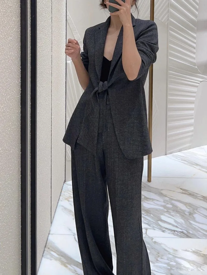 2024 Autumn New Women's Pants Fashionable and Exquisite Commuting Wear with Grey Herringbone High Waist Suit Straight Leg Pants