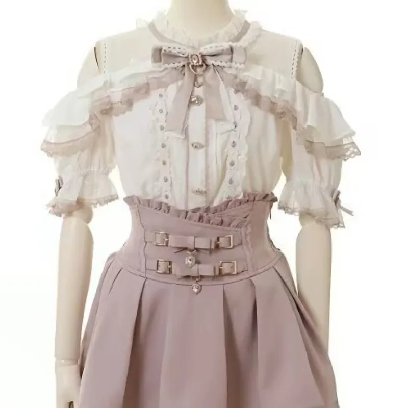 Harajuku Süße Blusen Frauen Lolita Elegante Liebe Herz Bogen Off Schulter JK Hemd Mädchen Casual Spitze Rüschen Y2k Tops Mujer Blusas