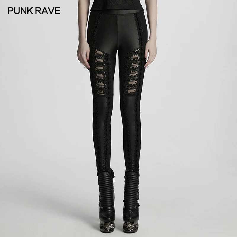PUNK RAVE Women's Gothic Gorgeous Appliques Elastic Glossy Knitted Leggings Dark Slim Sexy Personalized Streetwear