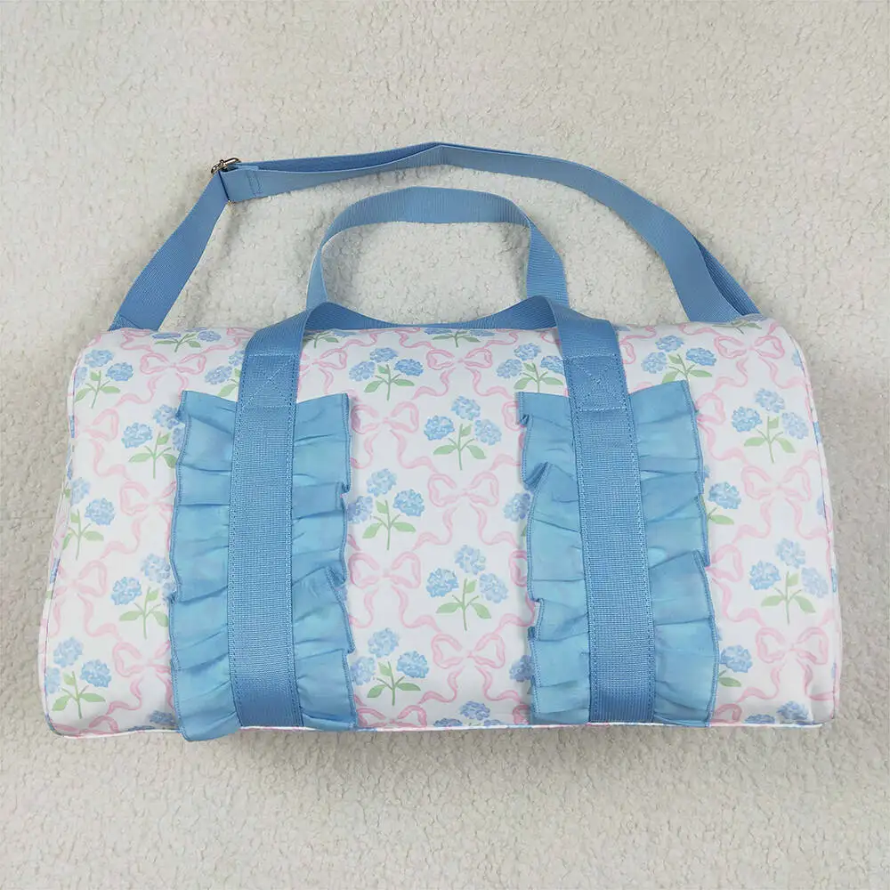 

Blue Ruffle Gym Duffle Bags with Pink Bows Plaid Floral Design Casual Canvas Sports Travel Tote Handbag18.5*11.2*7.9 inches