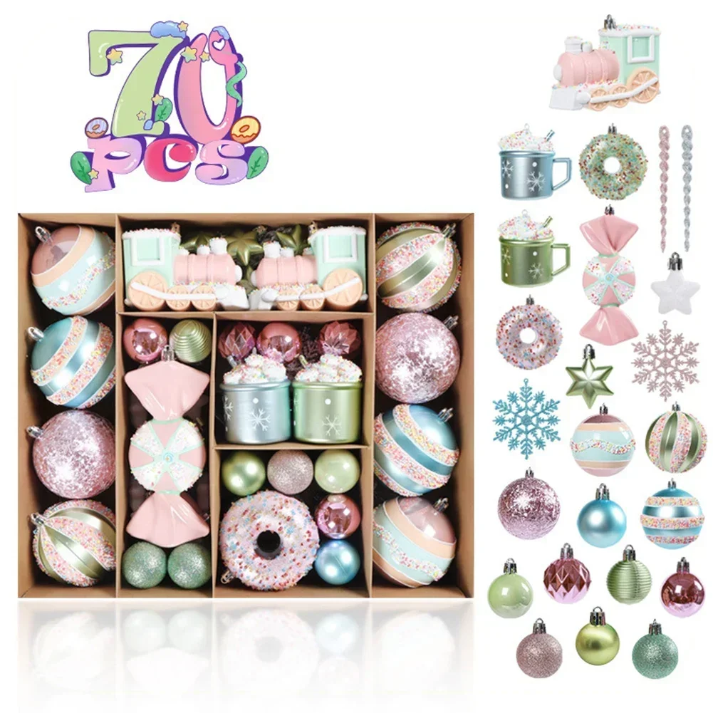 Christmas Balls Hanging Pendant, Xmas Tree Ornaments, Macaron, Sorvete, Donut, Candy Ball, Presentes de Ano Novo, 2024, 48 pcs, 70pcs