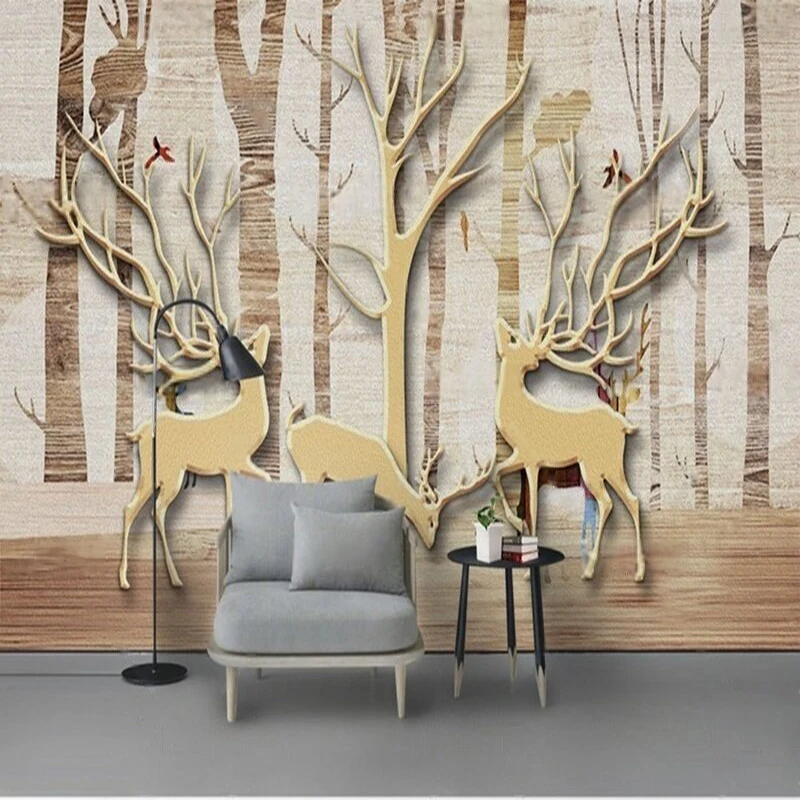 Golden Deer Looking Up At The Tree Branches Modern Forest Retro Country Style Rural Setting TV Bedroom Sofa Background Wall