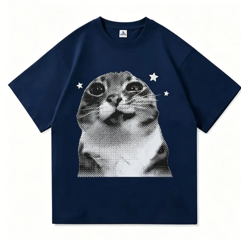 Women's  Funny Halftone Cat Graphic T-Shirt Soft Casual Short Sleeve Daily Tee Dazed Cat Meme Print Streetwear Men Crew Neck Top
