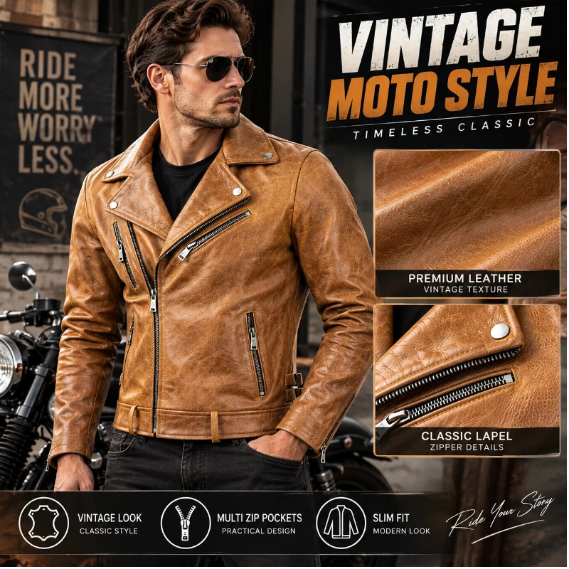 Men's Retro Collar Cowhide Motorcycle Jacket Slim Fit Autumn Moto Riding Leather Jacket Fashion Biker Coat