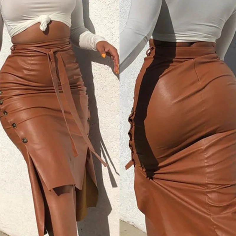 

Women Trendy PU Leather Midi Skirt Solid Color High Waist Lace-up Side Button Slim Skinny Pencil Skirt for Ladies Streetwear