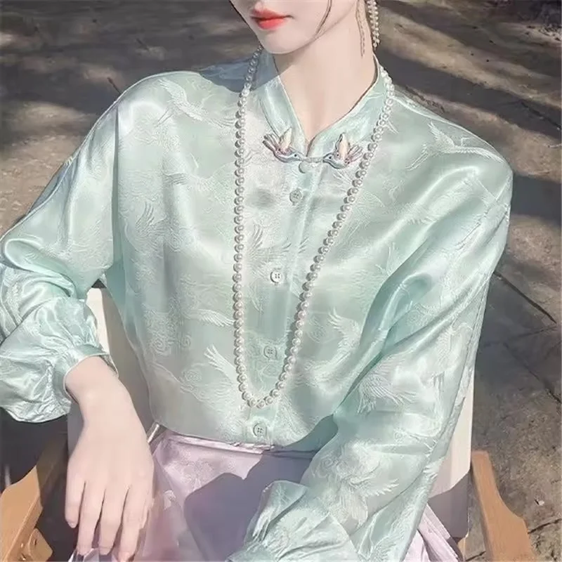 

Spring Summer Chinese Style Mint Green Satin Blouse Retro Bird For Women Button Shirt High End Jacquard Cardigan Female