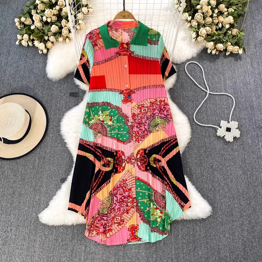 

2023 New Summer Women Lapel Single Breasted Short Sleeve Plus Size Loose Casual Midi Dress Miyake Pleated Print Dresses